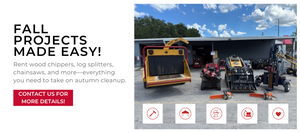 Advertisement for fall projects with wood chippers and log splitters in front of a building.